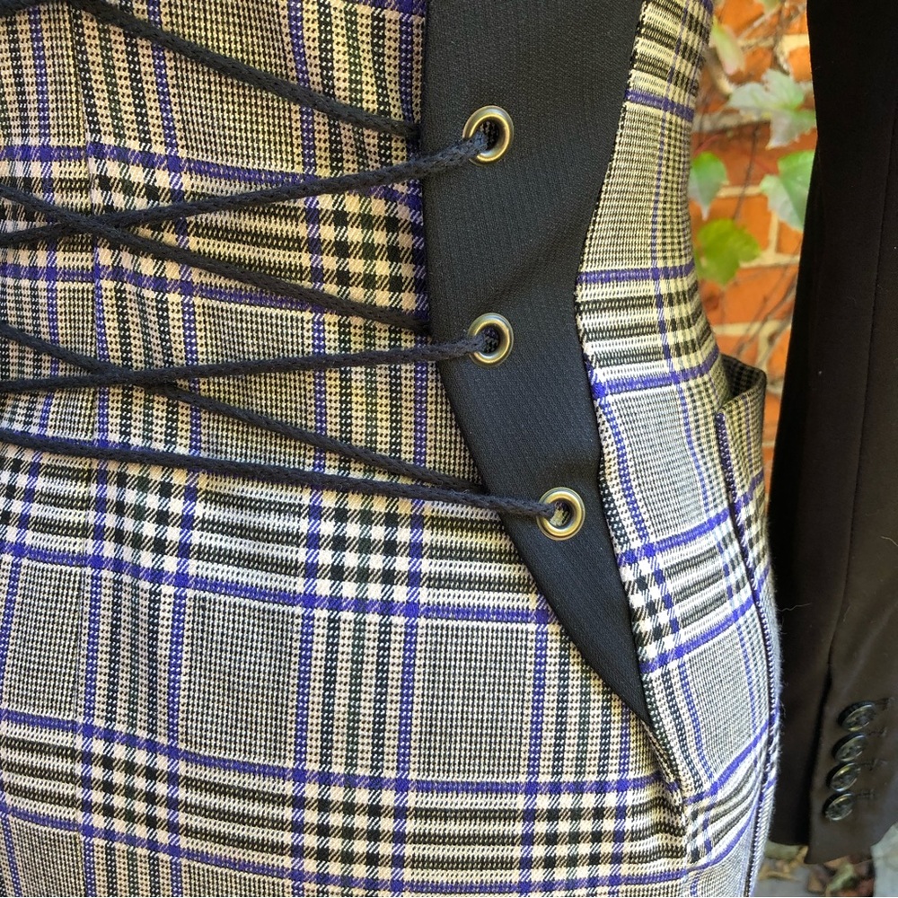 Small/Medium 5/6 Lace Up Fine Wool Jacket Upcycled Plaid Double Breasted Coat - Picture 6 of 8